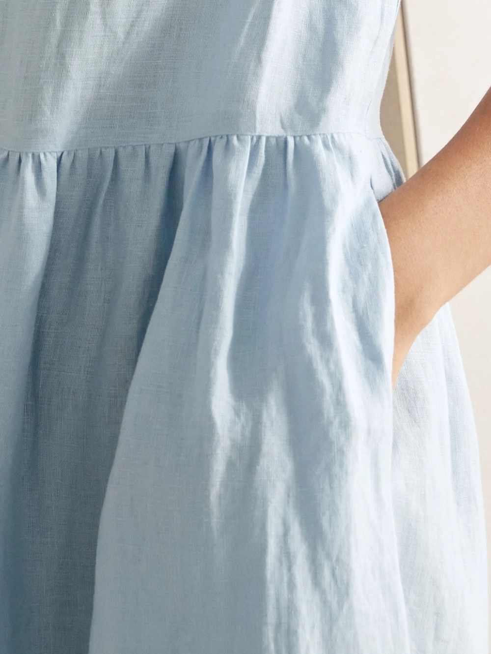 Lintico Women's Baby Blue 100% Linen A Line Midi Short Sleeve Dress | Medium - Picture 3 of 7